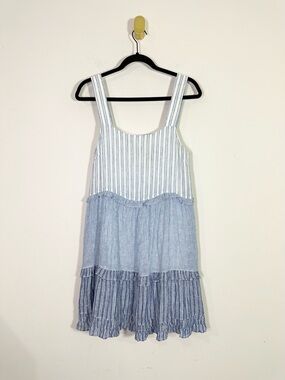 Rails Sandy Blue Striped Tiered Sleeveless Linen Mini Tent Dress